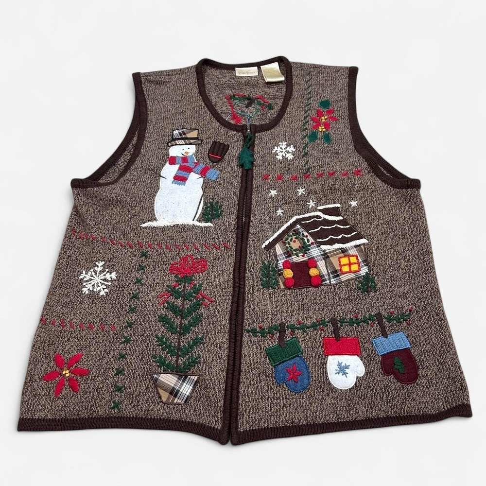 Vintage Embroidered Knit Christmas Zip Up Vest Womens XL Holidays Cottagecore